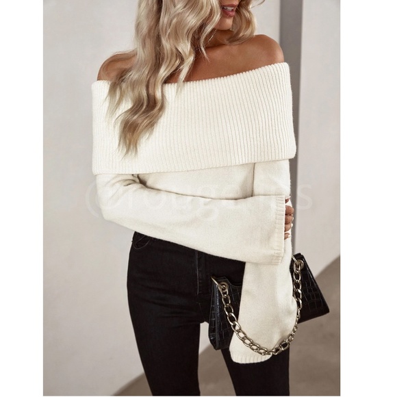 Cream Off The Shoulder Fold Over Sweater Pullover Knit Long Sleeve - Picture 3 of 7